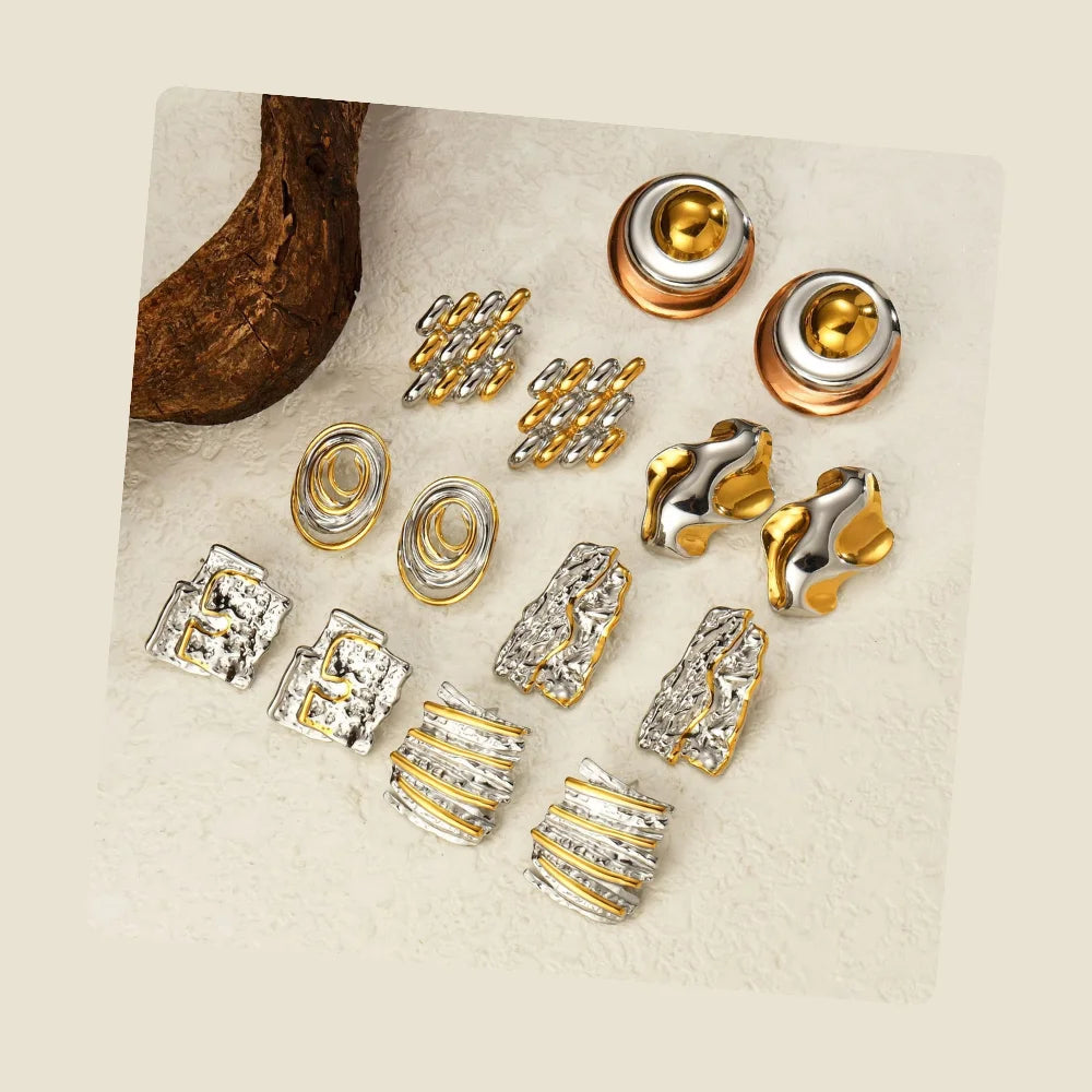 Bijoux Femme Non Tarnish Jewelry 18K Gold Plated Hypoallergenic Gold and Silver Two Tone Chunky Stud Earrings Boucles D'Oreilles