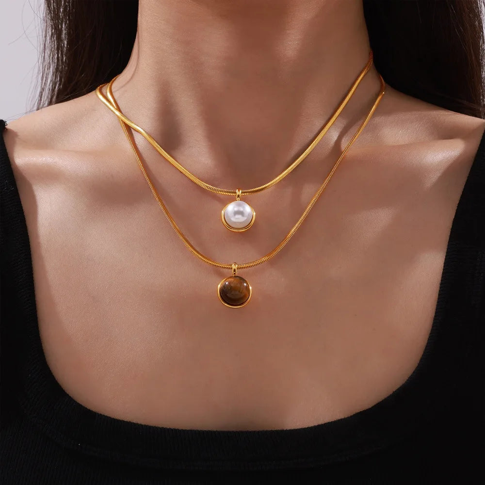 Vintage Imitation Pearl Natural Stone Pendant Necklace Fashionable Geometric Stainless Steel 18k Gold Plated Choker Necklace