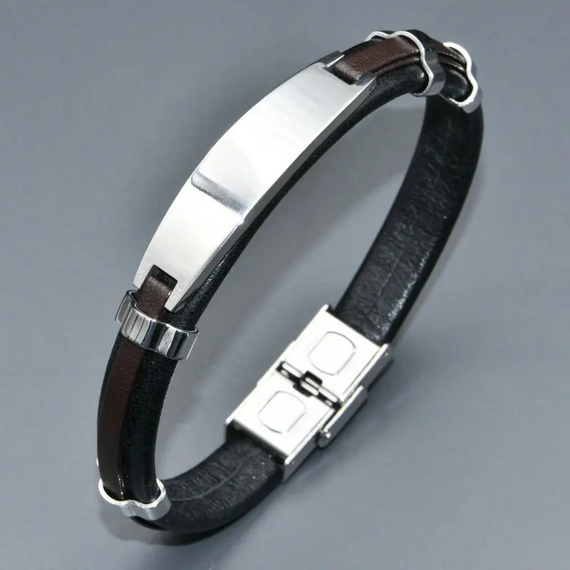 Factory Price Custom Punk Style Real Leather Stainless Steel Matte Plate Fashion Men's Bangles Bracelets