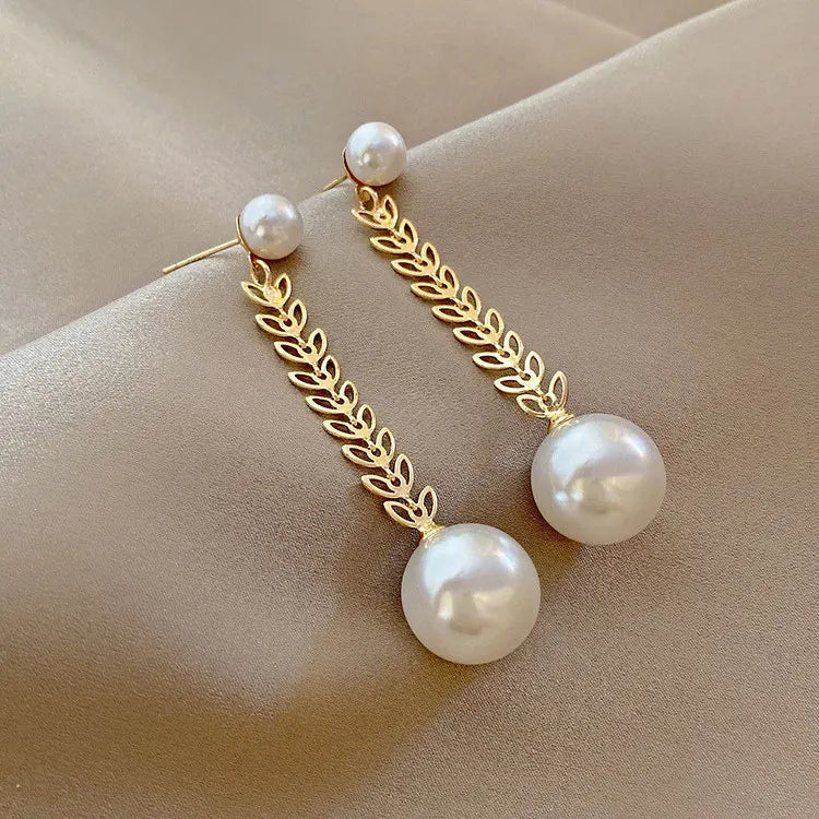 SC Korean Ins White Pearl Dangle Stud Earrings Jewelry Elegant S925 Silver Needle Long Tassel Arrow Pearl Earrings for Women