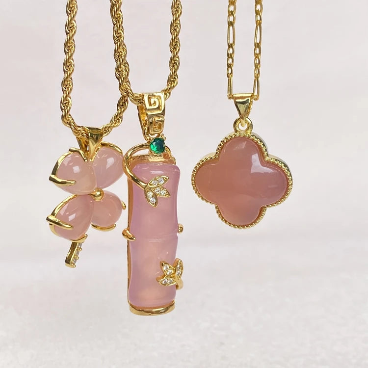 Jialin Jewelry Wholesale Jade Flower Pendants Clover Women Water Drop pink Jewellery Stone Zircon Jewelry Necklace