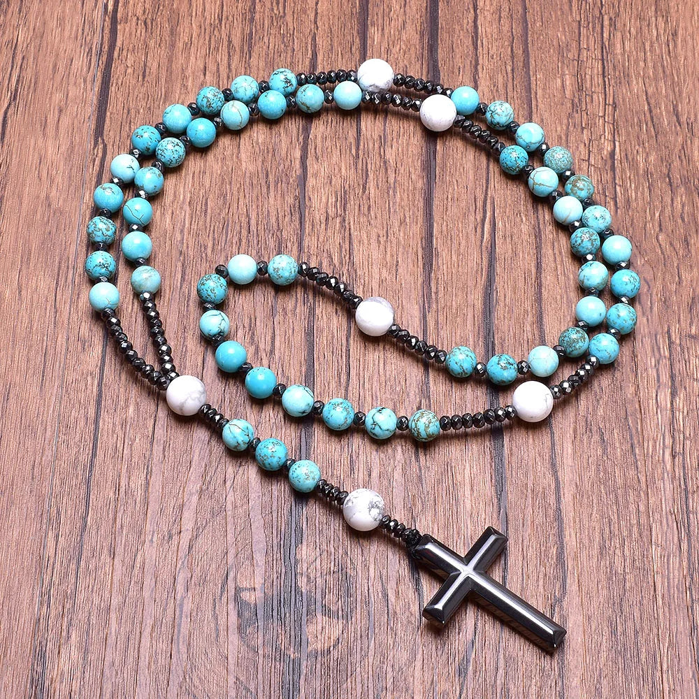 Natural Turquoise Howlite Rosary Cross Necklace Hematite Cross Stone Protection Catholic Gift Christian Jewelry Religious Rosary