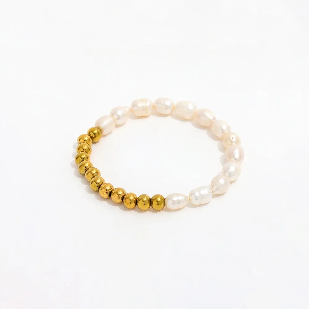 Joolim Jewelry Wholesale 18K Gold Plated High End Freshwater Pearl Bead Mixed Bracelet Stainless Steel Jewelry