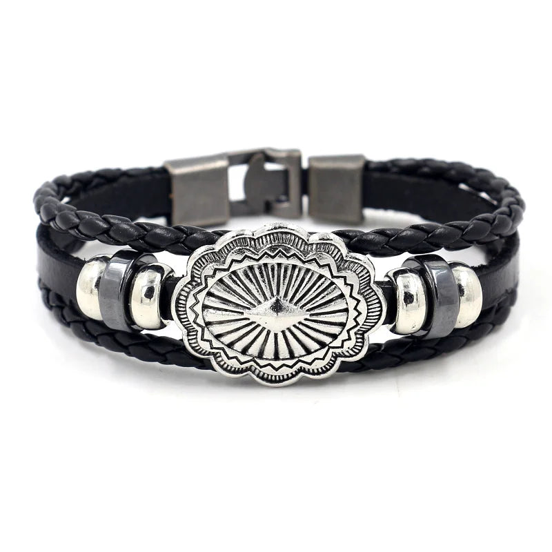 Men Jewelry Leather Multi-layer Beaded Alloy Geometric Rivet Braided Wrap Bracelet