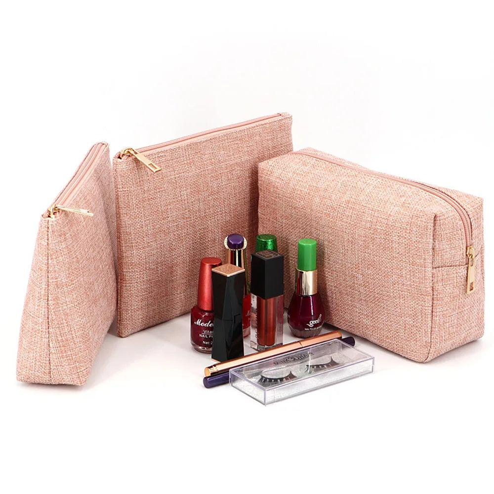Wholesale Eco Friendly Cosmetic Packaging Pink Linen Jewelry Pouch Make up Bag Custom Blank Travel Cosmetic Bag Set for Gift