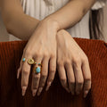 Vintage Style 18K PVD Gold Plated Geometric Devil's Eye Turquoise Zircon Stainless Steel Open Ring Set