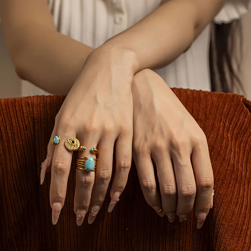Vintage Style 18K PVD Gold Plated Geometric Devil's Eye Turquoise Zircon Stainless Steel Open Ring Set