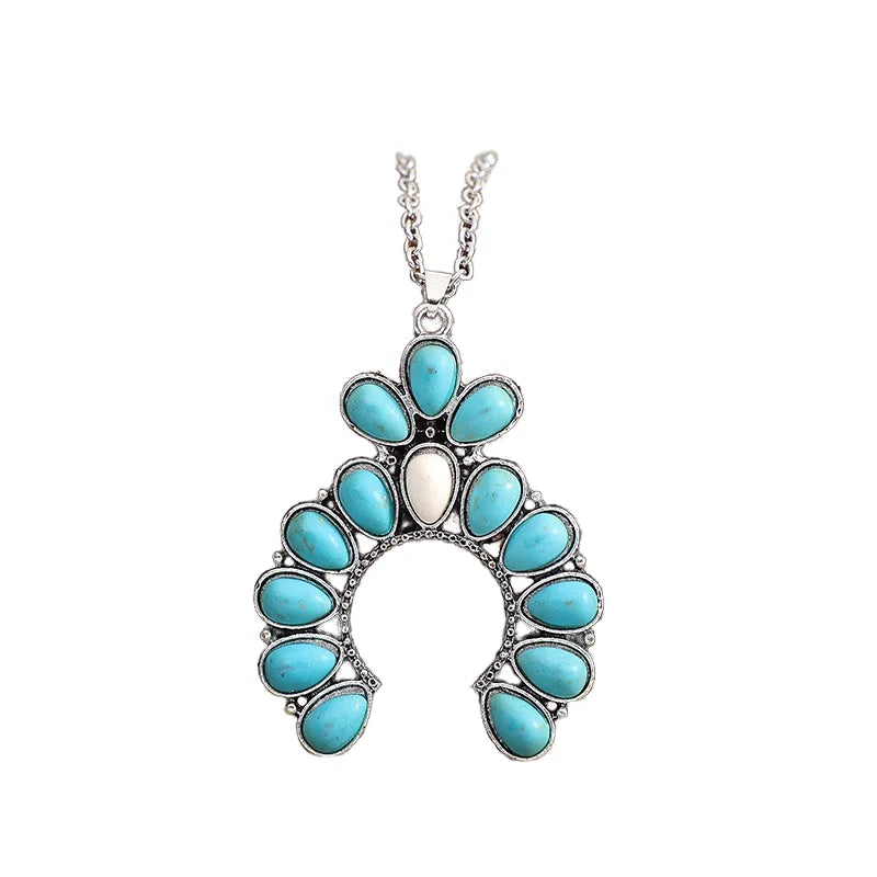 Women's Petite Bohemian Naja Turquoise Pendant Necklace Squash Blossom Stone with Alloy Link Chain Fashion Gift for Her