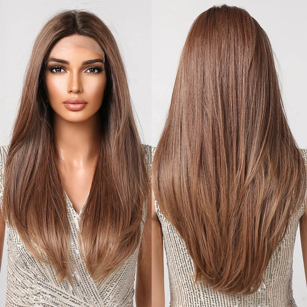Future Fibers Brown Layered Straight Lace Front Wigs Middle Part Natural Hairline Lace Wig for Women High Density Women Hair