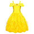New Beauty Belle Beast Princess Dress Prom Dress Costume Kids Children Clothes Girl Dress Strap Off Shoulder Layered Party 5pcs