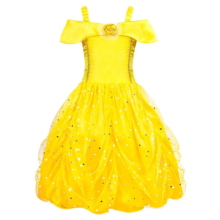 New Beauty Belle Beast Princess Dress Prom Dress Costume Kids Children Clothes Girl Dress Strap Off Shoulder Layered Party 5pcs