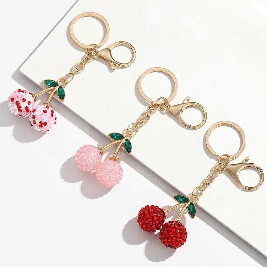 Creative Rhinestone Cherry Keychain Cute Fruit Shaped Keychain Charming and Fashionable Bag Pendant