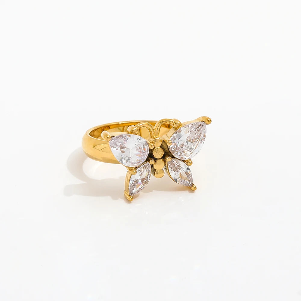 Fenny 18K Gold Plated Wholesale Non Tarnish Permanent Cute Vivid Butterfly Zirconia Stainless Steel Finger Ring Trendy for Women