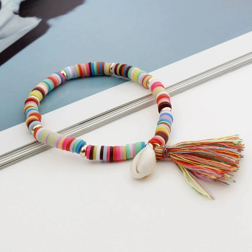 New Bohemian Colorful Soft Peach Line Children's Cute Bracelet with Shell Tassel Pendant