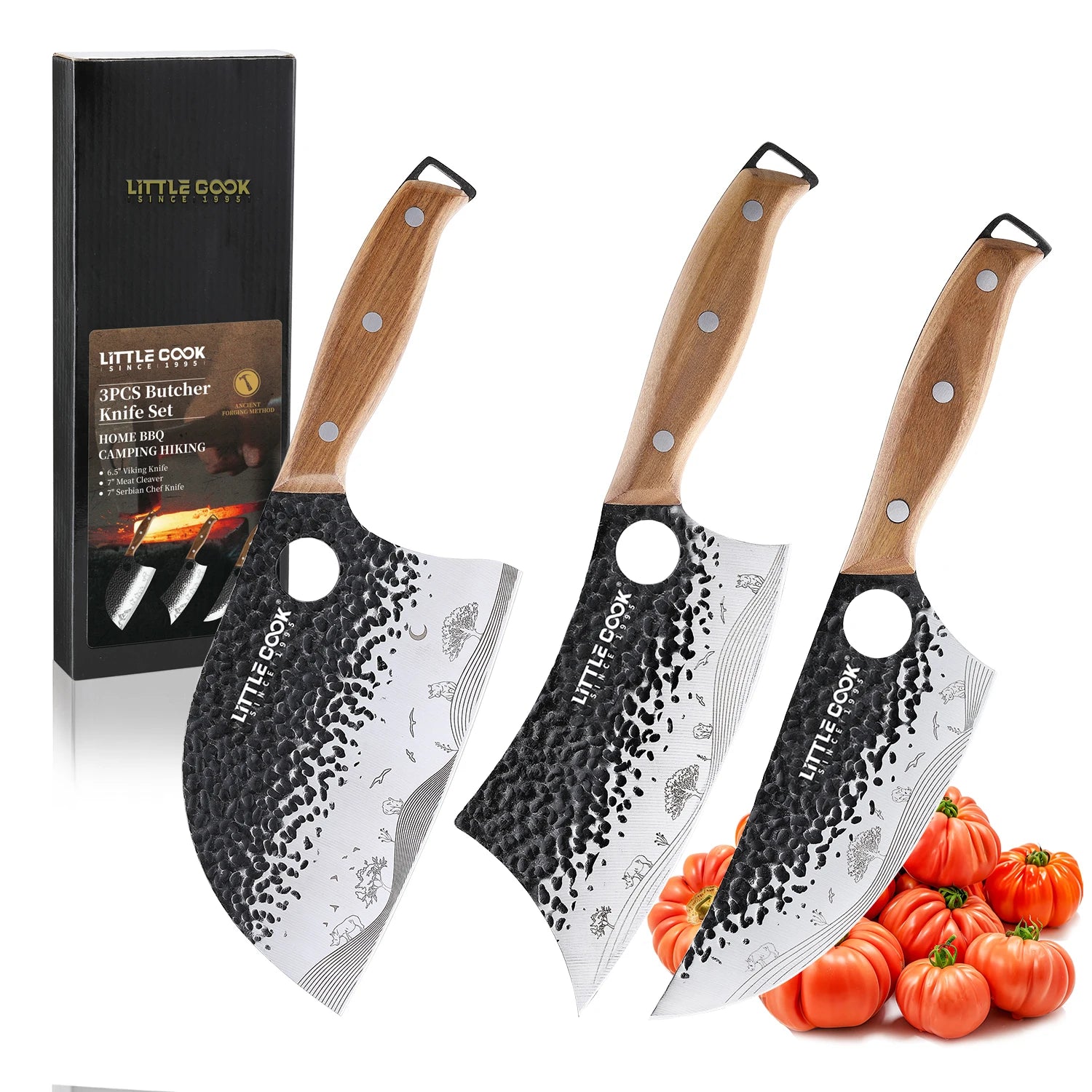 3pcs Stainless Steel Kitchen Butcher Viking Serbain Chef Knife Set Luxury Wooden Handle for Chopping Bones Boning Meat