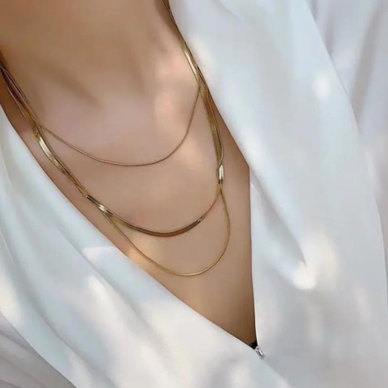 JOOLIM Ready to Ship High End 3 Layers Layered Herringbone Chain 18k Gold Plated Stainless Steel Necklace