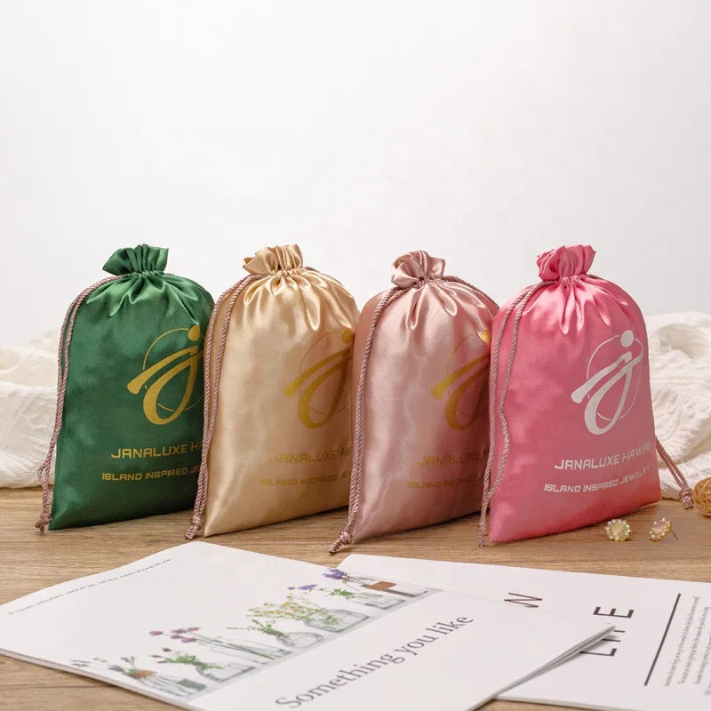 Custom Logo Colorful Pink  Shiny Satin Dust Bag for Wigs Soft Drawstring Hair Gift Packing Silk Satin Pouch for Clothing