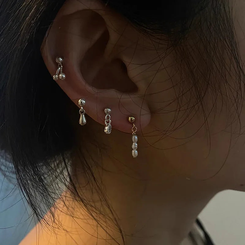 Creative INS Simple Pure 925 Sterling Silver Zircon Pearl Cherry Water Drop Shape Drop Stud Earrings for Women Girls