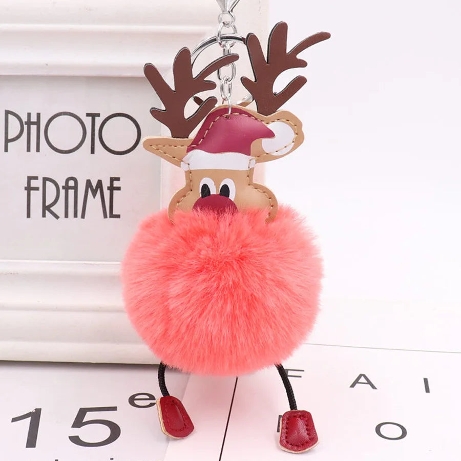 Christmas Santa Claus Elk Fashion Jewelry Plush Artificial Rabbit Fur Ball Key Chain PomPon Keychains for Women Car Bag KeyRing