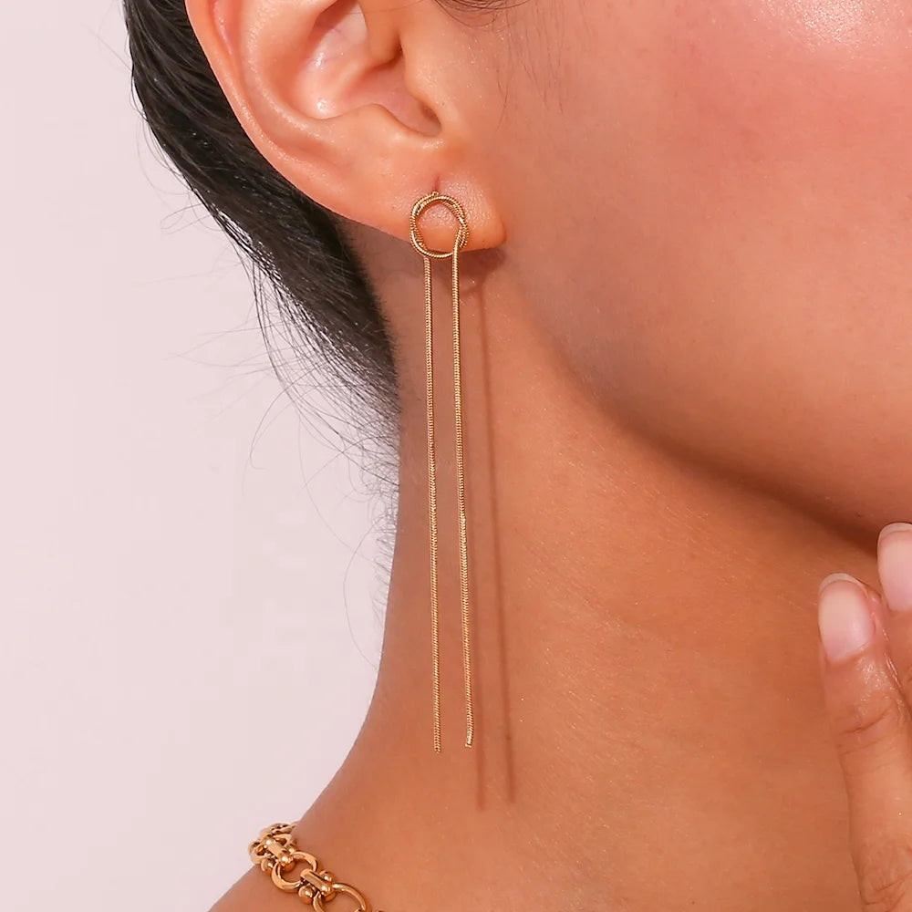 Dingran Trendy 18K Gold Plated Twisted Snake Chain Long Tassel Stud Earrings 316L Stainless Steel