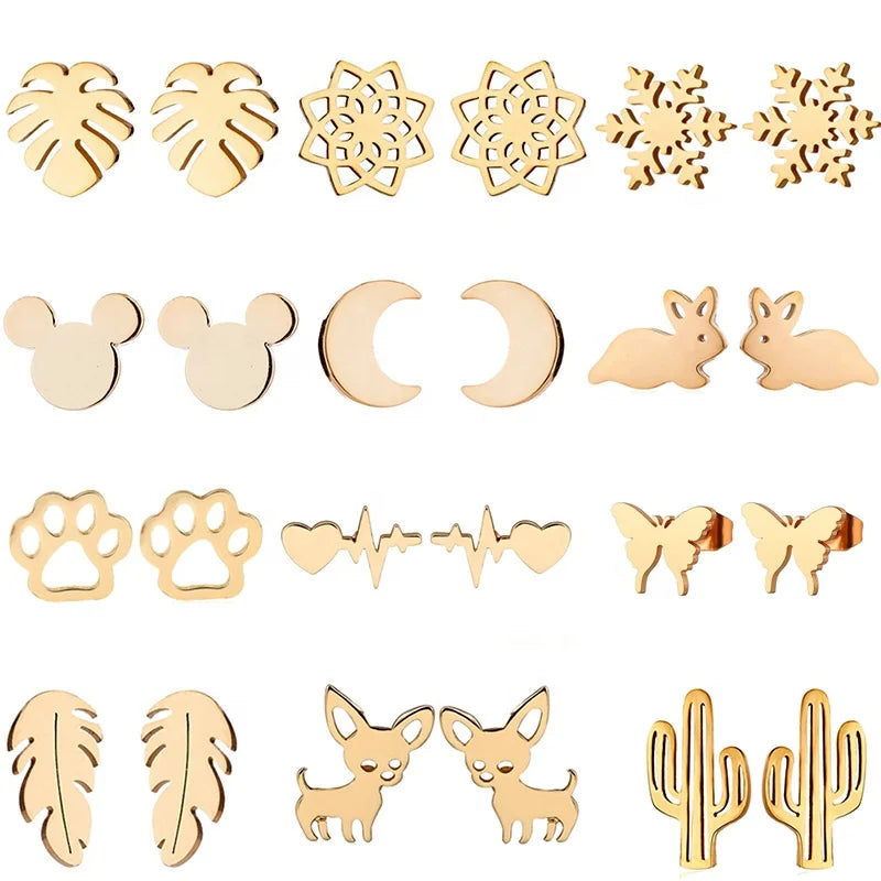 Fashion 18K Gold Silver Plated Small Flower Mickey Butterfly Moon Cross Heart Woman Stainless Steel Stud Earring Jewelry