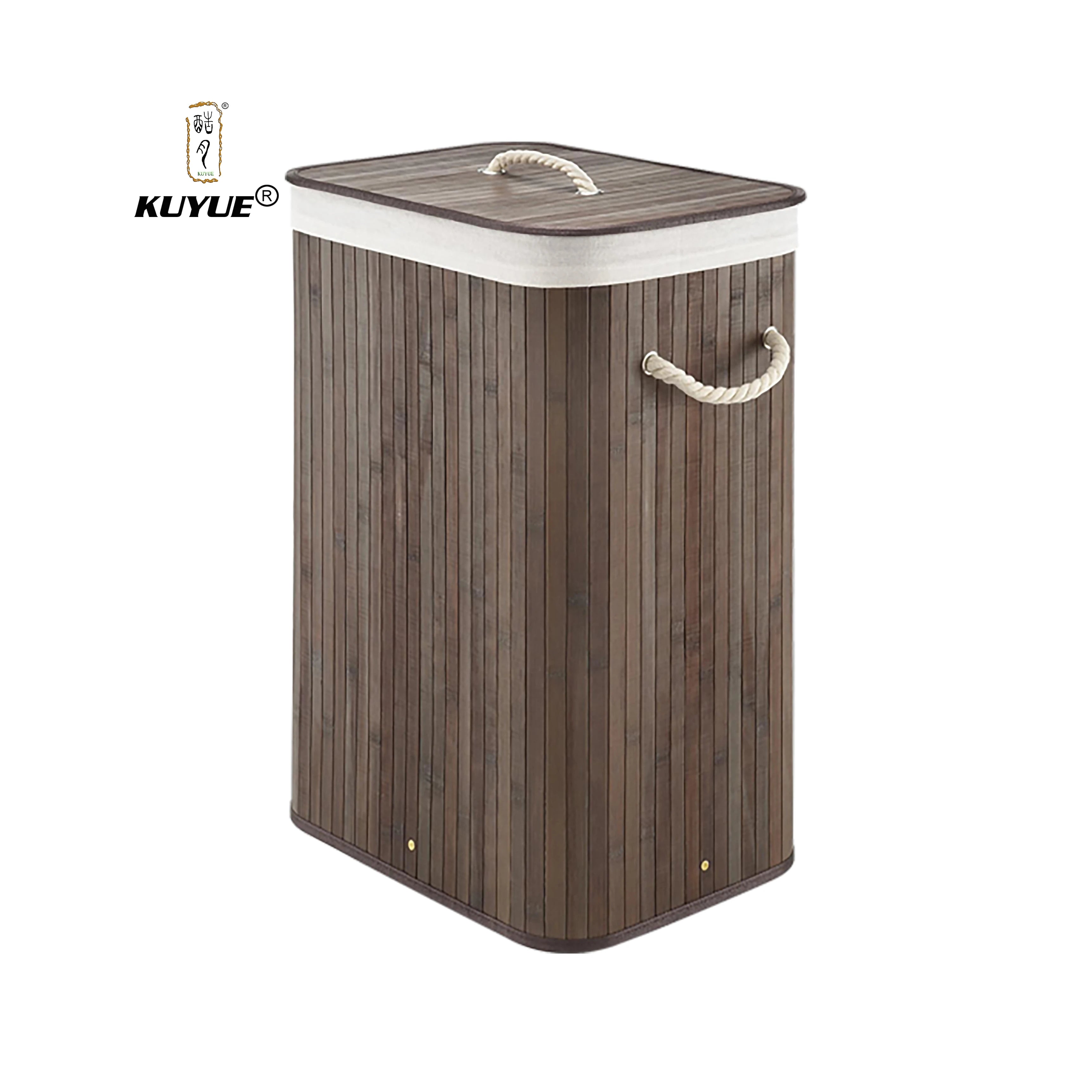 KUYUE Bamboo Rectangular Storage Hamper With 3 Handles Foldable Laundry Basket With Lid Multi-Purpose Bag for Clothes Washing