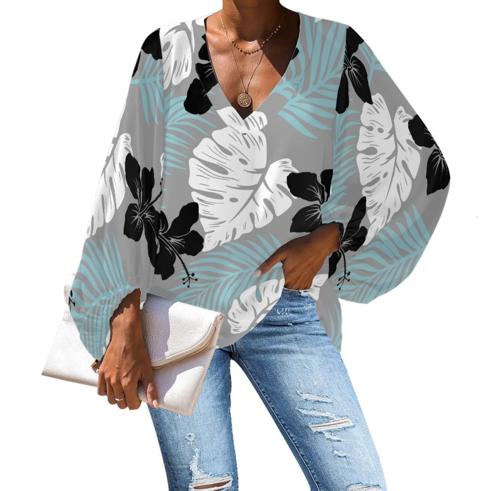 Customized Hawaiian Leaf Pattern Women's Casual Boho Floral Print V Neck Long Sleeve Loose Blouses Shirt Tops for Women Leggings