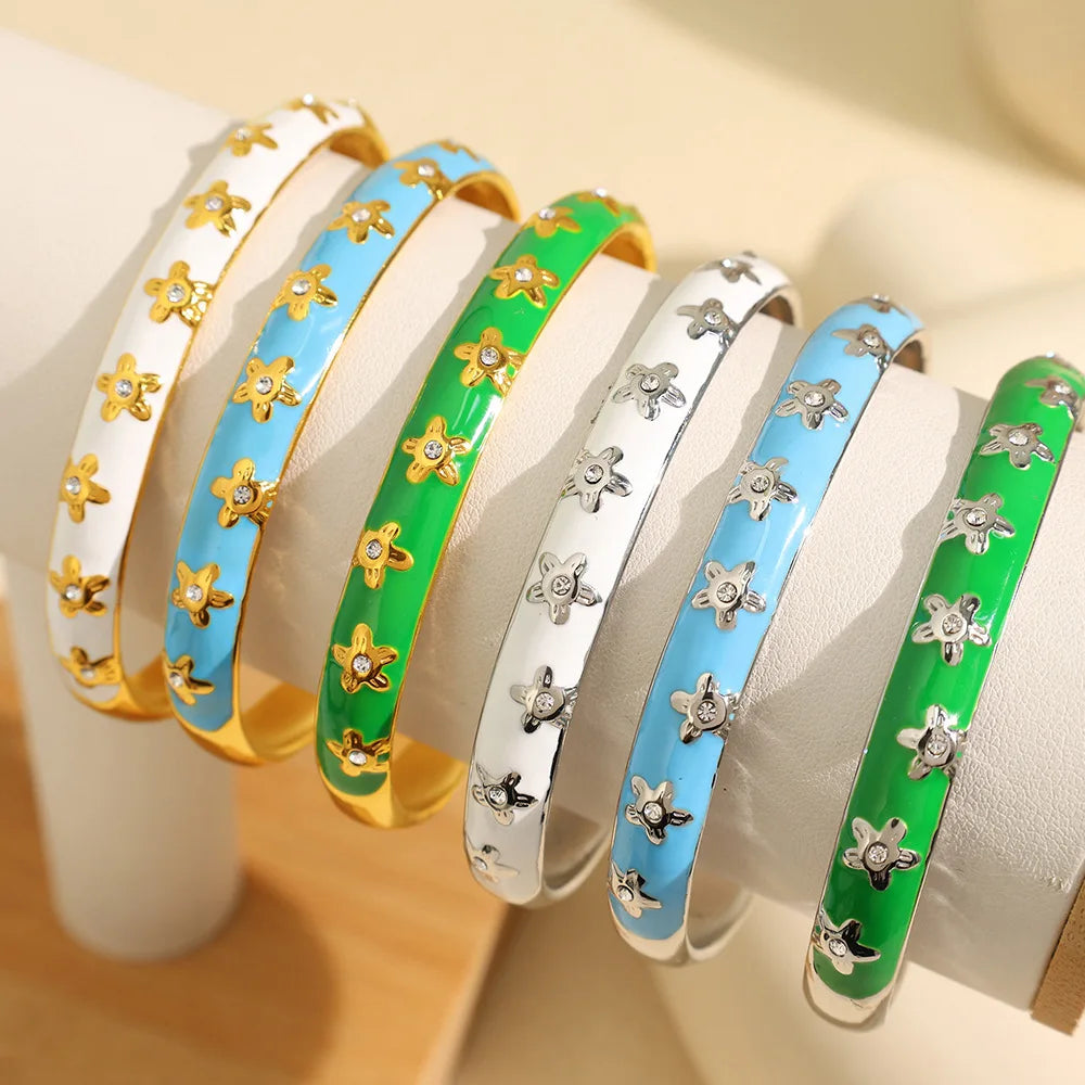 Wholesale Retro 18K Gold Plated Stainless Steel Colored Drip Oil Opening Bracelet Geometric C-shaped Zircon Flower Jewelry Gift