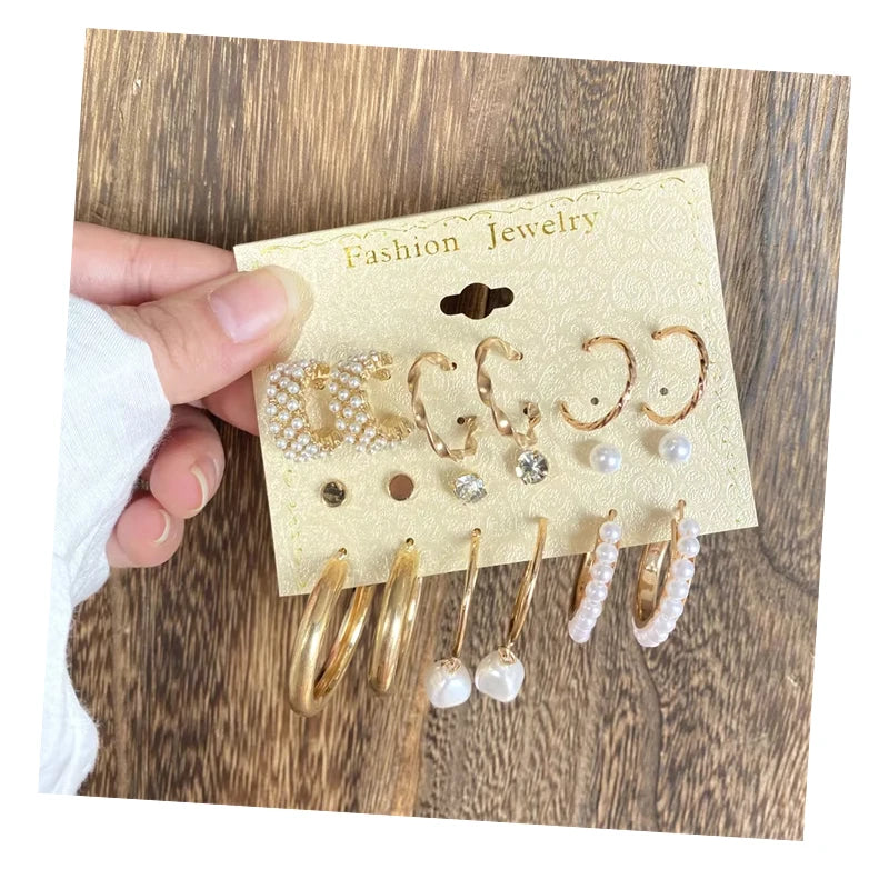 Wholesale Fashion Gold Geometric Circle Pearl Drop Earrings Set Metal Hoop Earring for Women Jewelry Gift