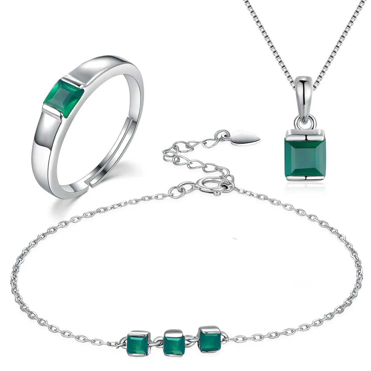 925 SILVER Rectangle Green Onyx Jewelry Set Pendant Necklace Chain Bracelet Adjustable Open Ring Unisex Minimalist Jewellery