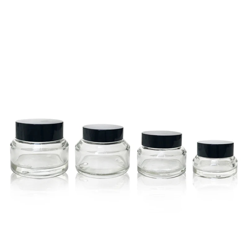 Empty OEM Cosmetic Containers Cream Jar Round Glass 10g 20g 30g 50g With Black Cap Lip Cosmetic Packaging Plastic Transparent