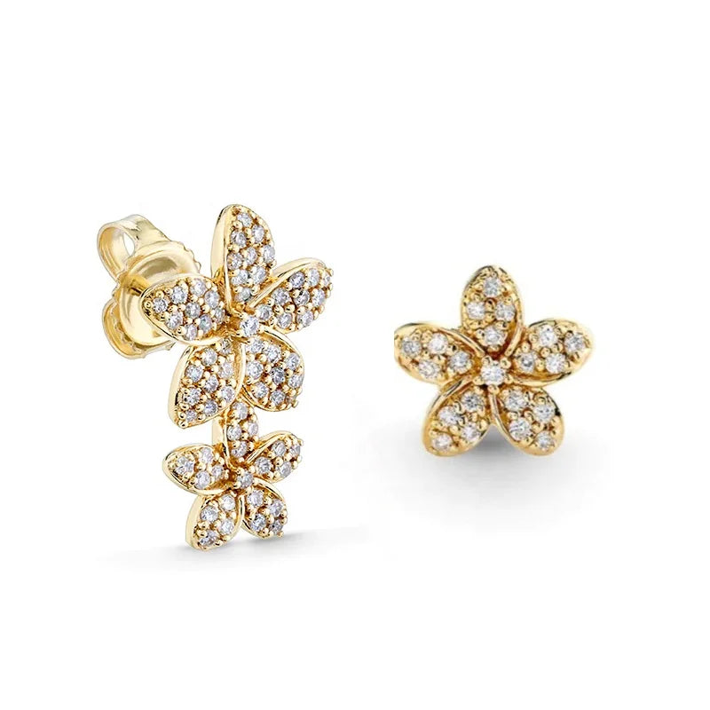 LOZRUNVE 925 Sterling Silver Full Pave Double Flowers Stud Hip Hop Ear Climber Earring Jewelry