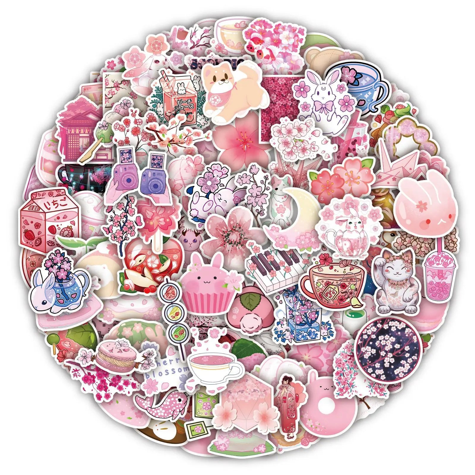 100PCS Japanese Style pink Cute Cartoon Kawaii Lucky Cat for Girl Aesthetic Sakura Sticker