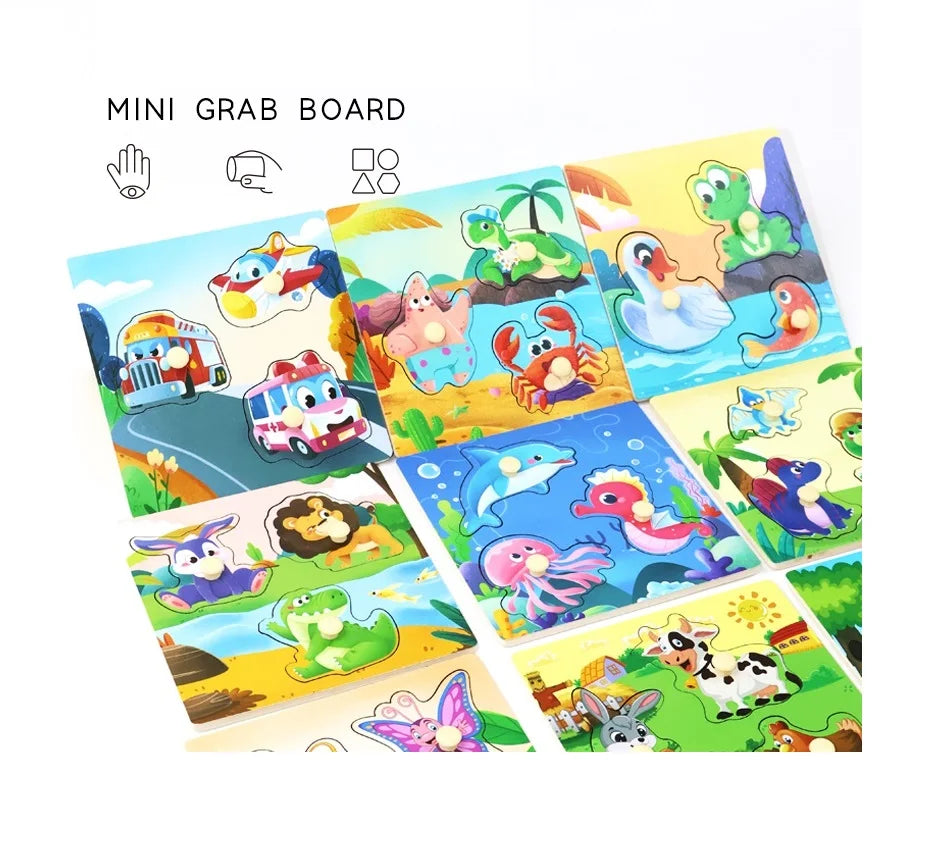 3-Piece Thickened Wooden Puzzle Drawing Board Childlike Multi-Themed Cartoon Toy for Kids Educational Toys with Play Function