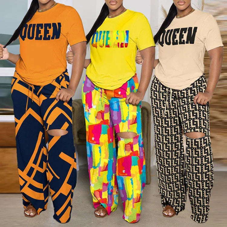 2023 Summer New Fashion Print Short Sleeve Casual Ripped Trousers Two Piece Set
