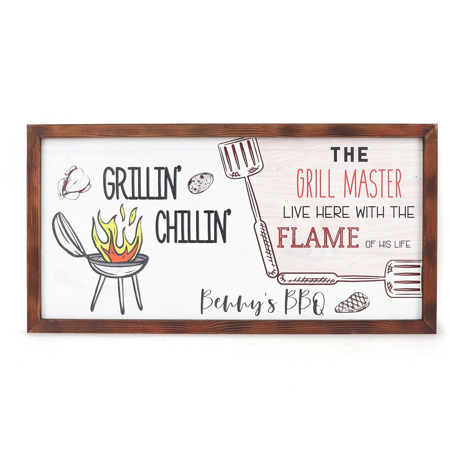 The Grill Master Live Here with the Flame of His Life Personalized 12x24in Wooden Plaque Wooden Frame Sign