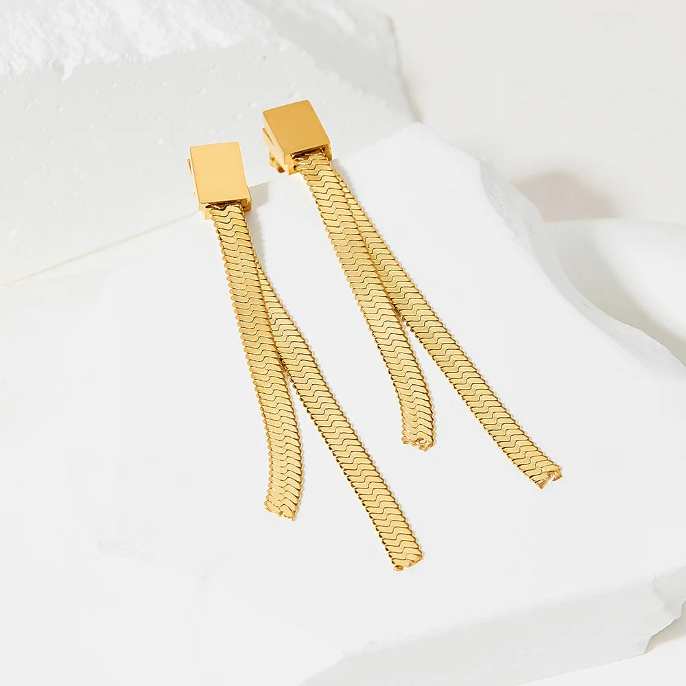 High Polished 18K Gold Plated Stainless Steel Long Drop Earrings No Fade Double Layers Flat Tassel Earrings