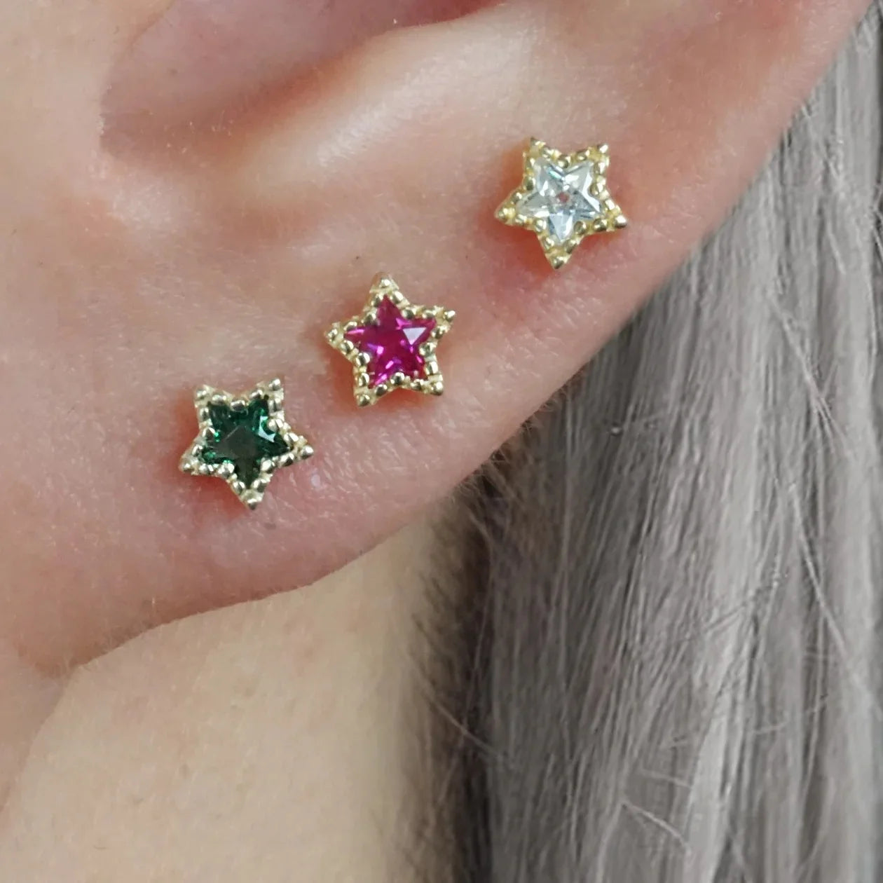 LOZRUNVE 925 Sterling Silver Custom Delicate Star Stone Piercing Earring Set