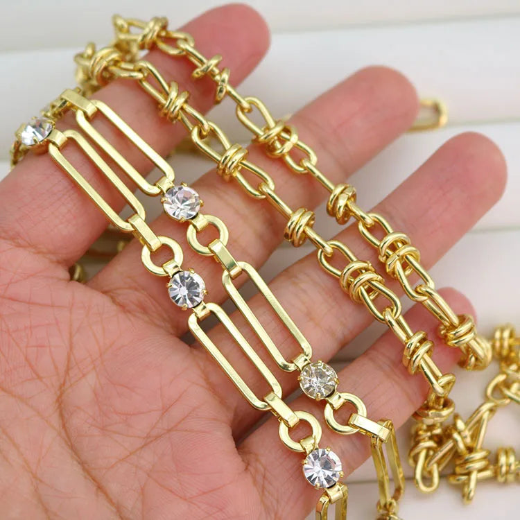 Luxury Handmade Unfinished Yard Chain 18k Gold Plated Knot Cable Chain Link Rectangle Paper Clip Chain With Diamonds Zircon