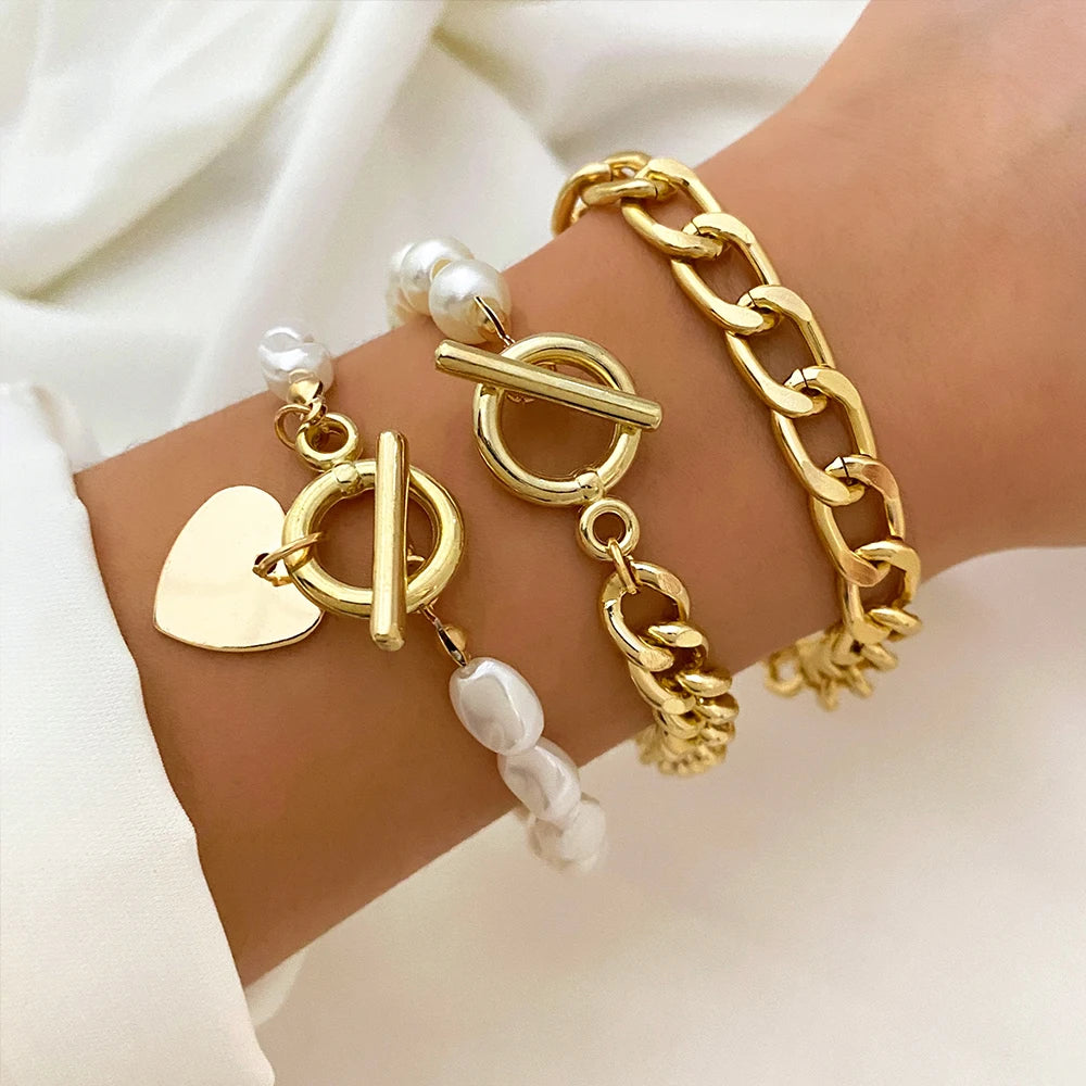 VKME Vintage Punk Style Love Pearl Bracelet Set for Women Jewelry
