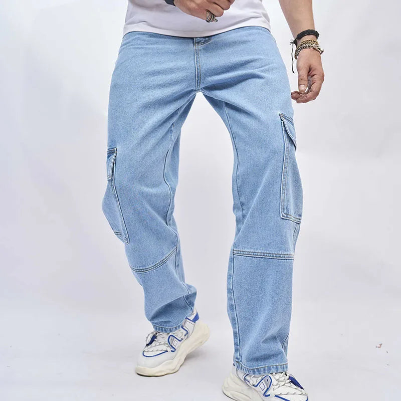 RNSHANGER Trendy Men's New Style Solid Color Multi-pocket Jeans Loose High Street Wide-leg Fashionable All-match Long Jeans