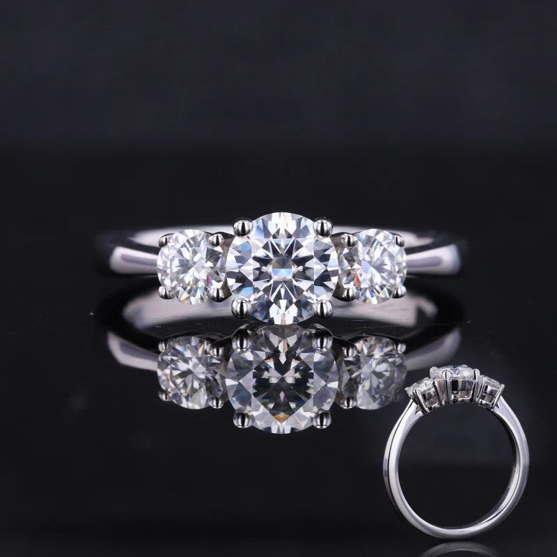 Three-Stone Round  Moissanite Engagement Ring 14 Karat White Gold Moissanite Rings for Women