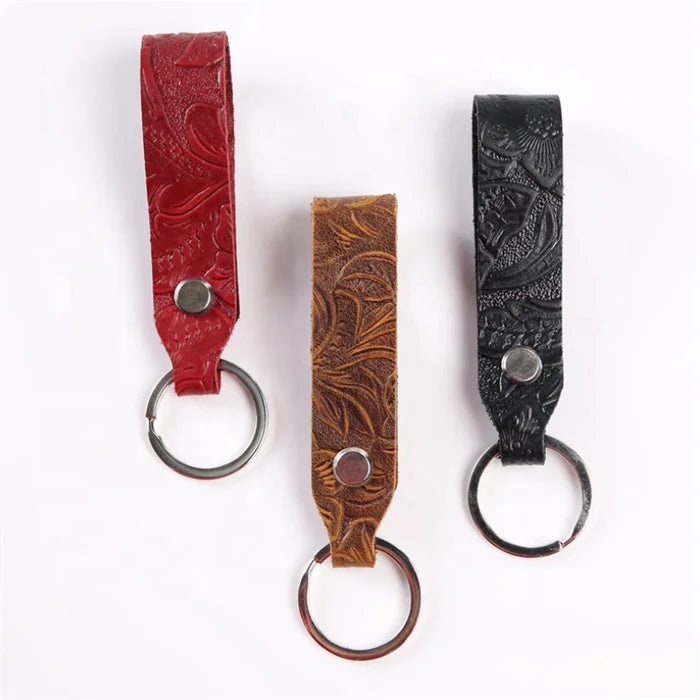 Red Brown Black Carve Patterns Laser Engraved Detachable Pu Leather Keychain