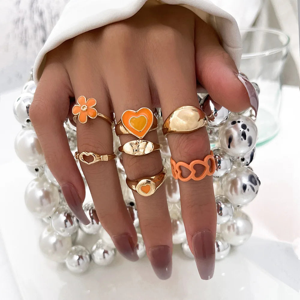 RisingMoon Fashion 7pcs/set Alloy Flower Heart Rings Gold Plated Ring Orange Enamel Ring Set for Girl