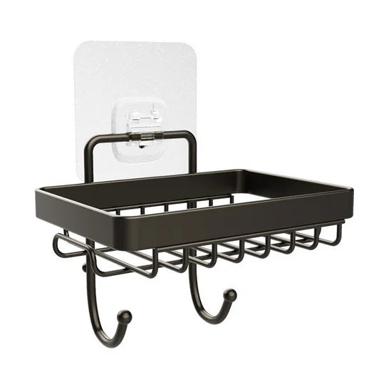 Modern Self Adhesive Wall Mounted No Drilling Stainless Steel Bathroom Shower Soap Dish Holder with Hooks