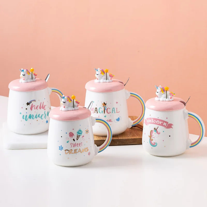 Guaranteed Quality Unique 3D Custom Printing Unicorn Ceramic Coffee Mug With Lid and Spoon Gift for Women Girls White