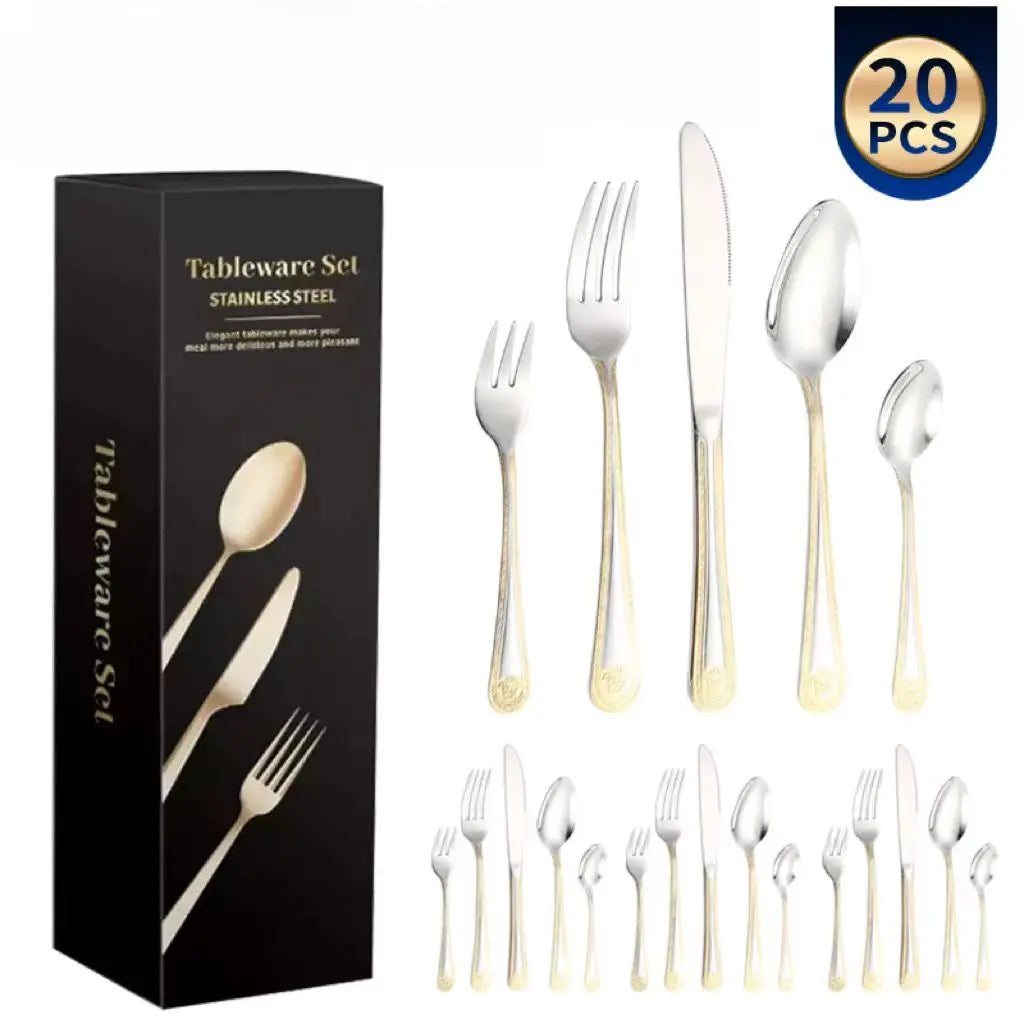 Eco Luxury Gold Stainless Steel Heavy-Duty Titanium Cutlery Set Custom Logo Plate for Wedding Dinner Bulk Polished Box Packed