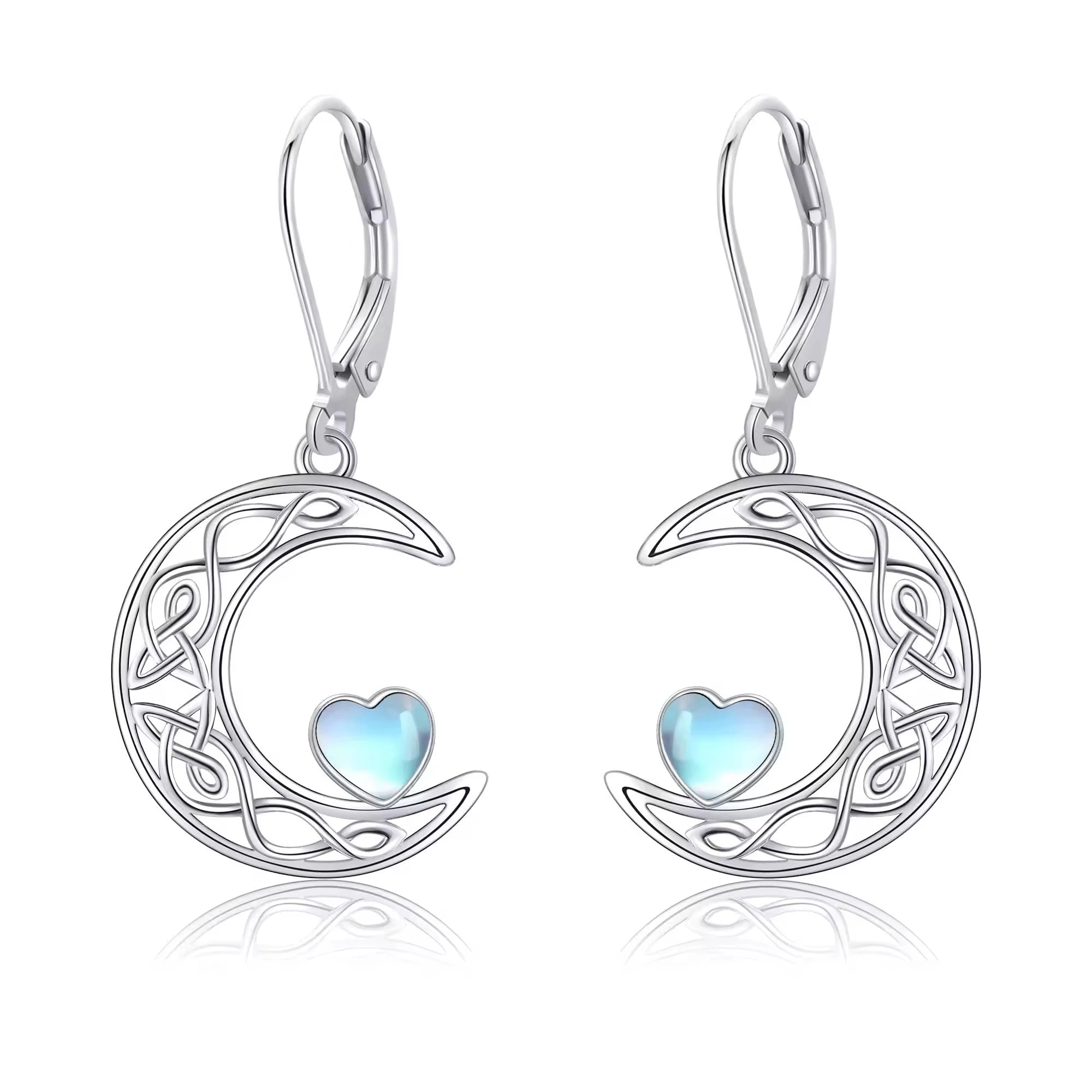 Fine Jewelry 925 Sterling Silver Moonstone Celtic Knot Moon Lever Back Dangle Drop Earrings for Women