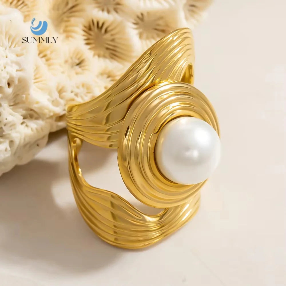 SUMMLY Vintage Wholesale Geometric Pearl 18K Gold Plated Stainless Steel Open Ring Fashion Jewelry Manufacturer