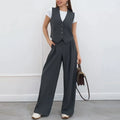 Enyami Women's Summer Office Blazer Sleeveless Vest Suit V-Neck Collar Button Knitting Fabric Fashion Two-Piece Set